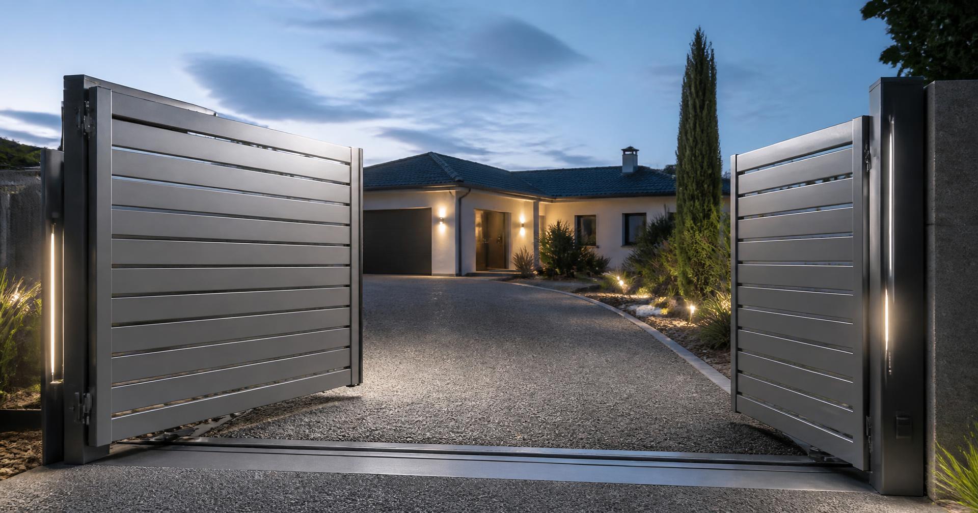 Aluminium electric driveway gate at dusk