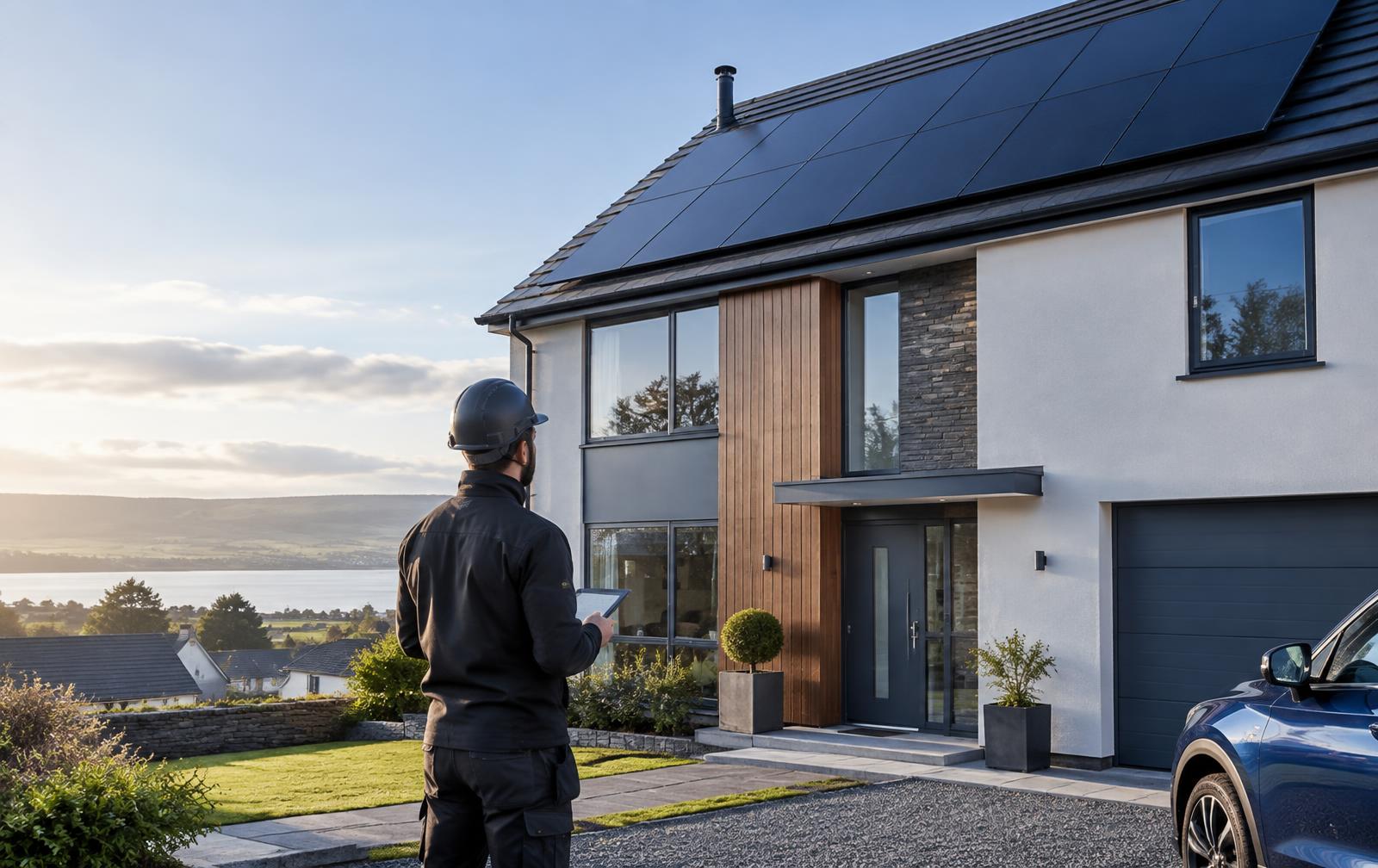 Solar installer inspecting panels on a modern UK home
